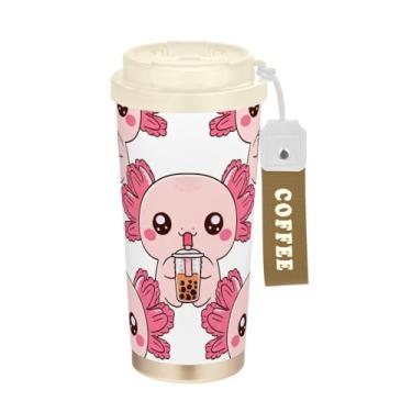 Imagem de TSENQUE Caneca de café de viagem 40 ml com canudo e tampa, revestimento cerâmico, isolamento a vácuo, aço inoxidável, copo de café à prova de vazamento, Axolotls bege fofo chá rosa