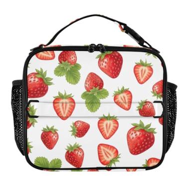 Imagem de Joisal Lancheira branca de morangos vermelhos para mulheres, meninas, lancheira com alça de ombro, lancheira masculina e infantil, para trabalho e adultos, bolsa térmica floral