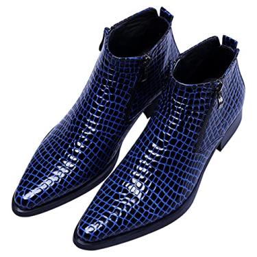 Imagem de SANTIMON Bota masculina casual de couro envernizado com zíper xadrez e bico fino, Azul, 41