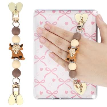Imagem de LuneClat Alça de silicone com contas para Kindle - Linda alça de mão E-Reader com vaca Highland, corrente de aderência para Kindle Charm, presente de livros para amantes de e-book acessórios de