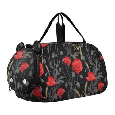 Imagem de Bolsa esportiva para meninos e crianças pequenas, bolsas de viagem para meninas, academia, bagagem infantil, arte pop, vaca highland, Flor de papoula preta, Clássico