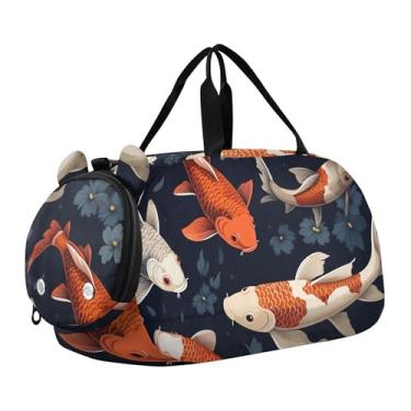 Imagem de Bolsa de viagem azul para meninas com bola de tênis, bolsa de viagem para o fim de semana, academia, bolsa de mão para meninos, Peixe Koi, Clássico