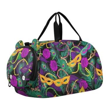 Imagem de Bolsa esportiva para meninos com desenho animado colorido de gatos rosa vibrante durante a noite para meninas para viagem, academia, bagagem infantil, Máscara colorida de carnaval dourada roxa