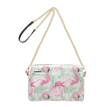 Imagem de Joitme Bolsa feminina tiracolo bolsa para celular linda bolsa de ombro de couro PU com alça de corrente elegante rosa flamingos verde claro