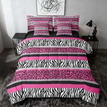 Imagem de Feelyou Conjunto de cama em uma bolsa com estampa de leopardo, 7 peças, rosa, preto, branco, zebra, leopardo, 7 peças, conjunto de cama em um saco, com textura de pele de animal selvagem, lençol casal