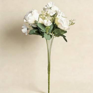 Imagem de EQUSPUR Flores de rosas artificiais, buquê de 9 rosas, flores rosa falsas, centros de mesa para cozinha, noiva, floral, festa de casamento, decoração de casa, interior - branco