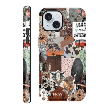 Imagem de Vulfwela Capa de telefone para iPhone 15 Plus de 6,7 polegadas Western Boho Collage, 2 em 1, vintage, rosa, chapéu de caubói cavalos, cabeça de touro, floral, capa de telefone Country West à prova de