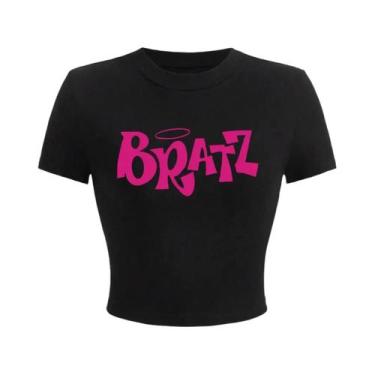 Imagem de Camiseta Cropped Feminina Rosa Y2K Com Estampa De Letras Bratz, Manga 