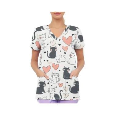 Imagem de Blusa De Enfermagem Feminina Com Estampa De Gato Em Desenho Animado, U
