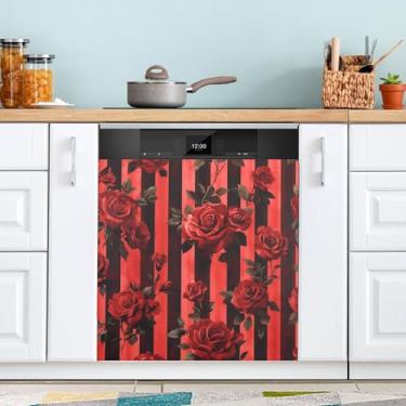 Imagem de ATTX Capa de ímã para lava-louças Stripe Roses Dia dos Namorados | Adesivo decorativo de eletrodomésticos de 58 x 66 cm para armários domésticos e eletrodomésticos #144