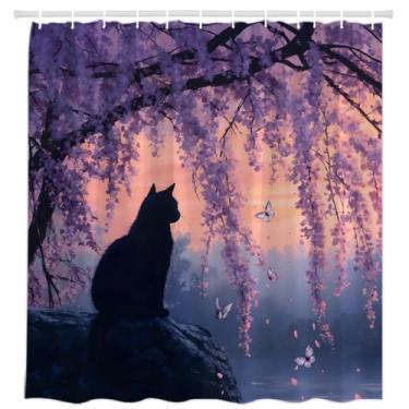 Imagem de GIXKOXE Cortina de chuveiro de flores roxas gato preto borboleta lilás flor de cerejeira floral floresta enevoada lago nartural aquarela decoração de banheiro cortinas de tecido poliéster com ganchos