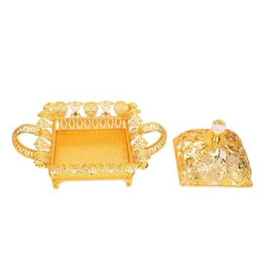 Imagem de Conjunto de prato de frutas de metal elegante estilo europeu bandeja de servir multifuncional para doces lanches sobremesa decoração de casa liga de zinco 32 x 23 x 18 cm (Quadrada)