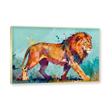 Imagem de Moldura dourada. Arte abstrata de respingos de leão, pintura colorida de animais em tela, decoração de parede expressiva moderna para sala de estar ou escritório. A60. 80 x 120 cm - 31,5 x 47,3 pol.