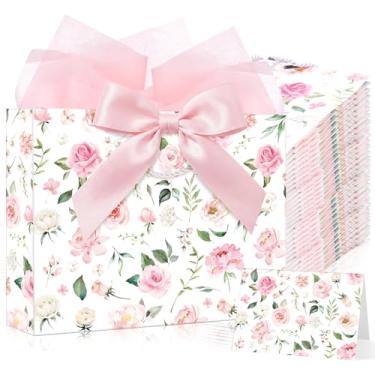Imagem de Maitys Pacote com 12 sacolas de presente de casamento grandes de 33 cm para mulheres, sacolas de presente floral rosa com papel de seda, fitas e cartões comemorativos para aniversário, casamento, chá