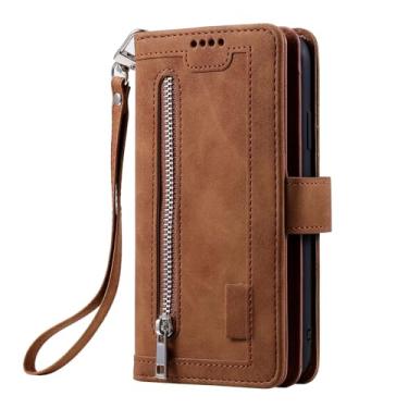 Imagem de Capa tipo carteira for Samsung Galaxy S25/S25 Plus/S25 Ultra, com correia para pulso capa integral à prova de choques capa protetora de telefone de couro com fecho de correr retro (Brown, 25 Plus)