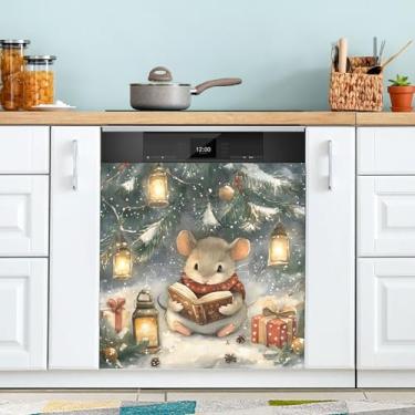 Imagem de SEHANY Linda capa magnética de mouse de Natal para lava-louças, adesivos magnéticos decorativos antiarranhões para painel de geladeira e lava-louças, decoração de Natal de cozinha doméstica 58 x 66 cm