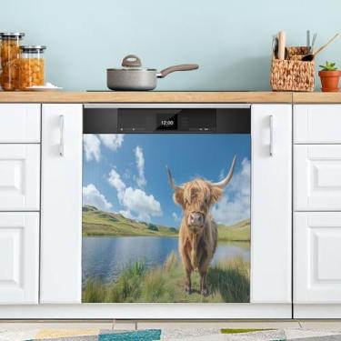 Imagem de xigua Capa magnética para lava-louças Flowers Highland Cow, adesivos magnéticos decorativos antiarranhões para painel de geladeira e lava-louças, decoração personalizada de cozinha doméstica 58 x 66