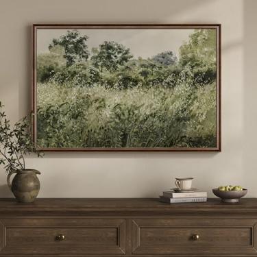 Imagem de Arte de parede de paisagem vintage emoldurada, rústica moderna fazenda prado verde estampa de pintura em tela floral para paredes, imagem de flor natural de casa de campo para sala de estar, quarto