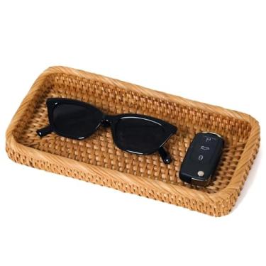 Imagem de Bandeja pequena de vime, bandeja retangular tecida, cesta de chave para mesa de entrada, bandejas de vime natural, cestas decorativas para banheiro