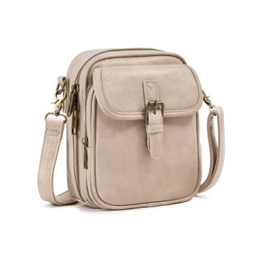 Imagem de Bolsa tiracolo para mulheres e homens, bolsa carteiro antifurto de couro vegano, bolsa transversal vintage com compartimentos para cartões, Pulseira de couro cinza bege, Small, Vintage
