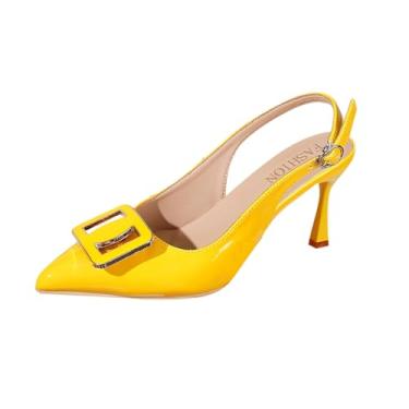 Imagem de Sandálias de salto fino para mulheres, design casual com fivela quadrada com costas abertas e bico fino, Amarelo, 35