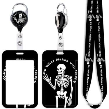 Imagem de Cordão para crachá de identificação de esqueleto legal para crachás de identificação fofo engraçado caveira retrátil clipe de carretel para identificação de trabalho e escola chaveiro preto para
