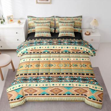 Imagem de Erosebridal Conjunto de edredom geométrico, branco, amarelo, azul, asteca, King, 7 peças, caubói, boêmio, tribal do sudoeste, vaqueira, cama em uma bolsa, casa de fazenda para adultos