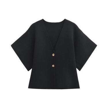 Imagem de Blusa De Tricô Feminina De Outono Com Decote Em V E Manga Curta, Estil