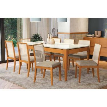 Imagem de Conjunto Mesa Mira Premium Madeira Maciça c/ Tampo Madeirado c/ Vidro 200x100cm e 8 Cadeiras Lara Carvalho/Off White - Boucle Bege Fendi Kappesberg