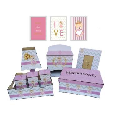 Imagem de Kit Higiene Bebe Com Trio De Quadro Princesa Decoração Rose - Mdf Stor