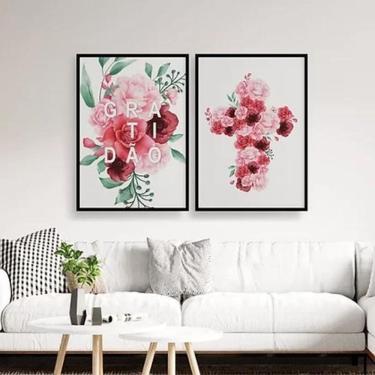 Imagem de Quadros Gratitude e Cruz Flores 45x34cm - Madeira Preta