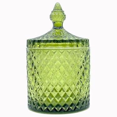 Imagem de Prato de doces de vidro verde-oliva de 590 ml com tampa para suporte de pincel de maquiagem, armazenamento com ponta Q, cotonetes de algodão, copo de caneta, organizador de banheiro, decoração de casa