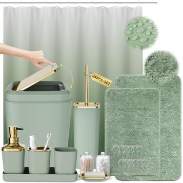 Imagem de XLHOMO Conjunto de banheiro verde sálvia - conjuntos de banheiro de 24 peças com cortina de chuveiro e tapetes, conjunto de acessórios de banheiro verde sálvia com tampa de pressão, lata de lixo de