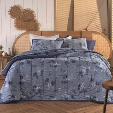 Imagem de Kit Cobre Leito Casal 3 Pçs Em Malha Floral Azul