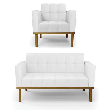 Imagem de Conjunto Poltrona E Namoradeira Decorativas Pés Fixo Em Madeira Castanho Pu Branco