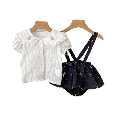 Imagem de Conjunto De Camisa Branca De Algodão Bordada Com Laço E Macacão Com Ba