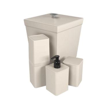 Imagem de Kit Banheiro 4 Peças Lixeira Dispenser Porta Escova E Porta Algodão - Stolf Areia