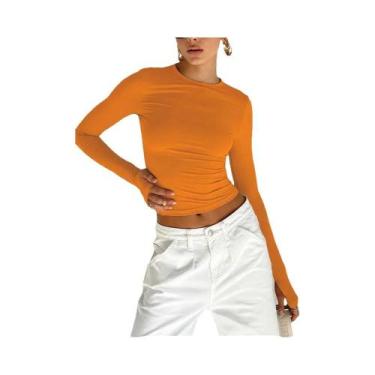 Imagem de Camiseta Cropped Feminina Slim Fit De Manga Longa Com Gola Redonda E A