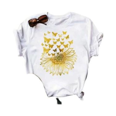 Imagem de Camiseta Feminina Preta Com Estampa De Borboleta E Girassol Kawaii, Co