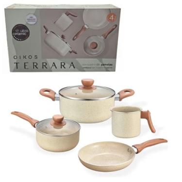 Imagem de Jogo de Panelas Bege Cozinha Completa Oikos Terrara 4 Peças Cerâmica A