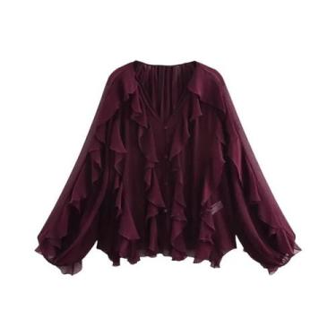 Imagem de Blusa Feminina De Manga Longa Com Babados Semi Transparente Casual Pri