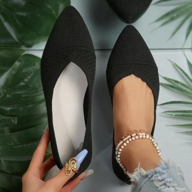Imagem de Sapatos Femininos De Cor Sólida Com Bico Fino, Sapatilhas Casuais Resp