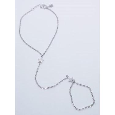Imagem de Pulseira com Anel Feminina Prata 925 Banho Ródio Pingente Estrela Lisa
