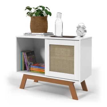 Imagem de Balcao Buffet Aparador Bar Porta de Correr Rattan pés em Madeira Branco Ofertamo