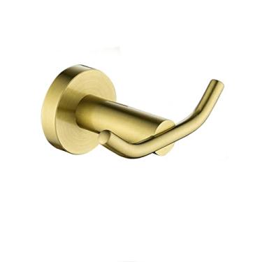 Imagem de Acessórios de banheiro de ouro escovado Suporte de escova de banheiro Suporte de papel Suporte de toalha Prateleira de roupão Gancho de roupão Anel de toalha de prato de sabão montado na parede, gancho duplo