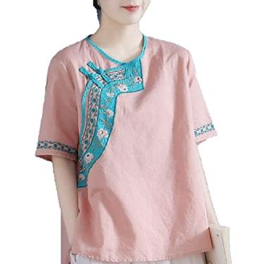 Imagem de Yajun Cheongsam camisa feminina chinês vintage bordado manga curta verão algodão solto macio confortável top blusas casuais, rosa, G (56 kg)