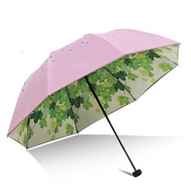 Imagem de Guarda-sol de viagem dobrável com proteção UV FPS 50+ resistente à chuva tamanho compacto parasol dobrável em bolsa verde, rosa