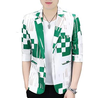 Imagem de Blazer xadrez de verão masculino slim business casual jaqueta leve casaco respirável um botão lapela outwear para casamento, verde, G (busto: 101 cm)