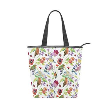 Imagem de Bolsa feminina de lona durável, aquarela, flores de verão, pássaros, bolsa de ombro para compras com grande capacidade