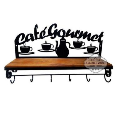 Imagem de Prateleira Café com 6 Ganchos em Madeira de Demolição e Ferro Sudeste Rústico